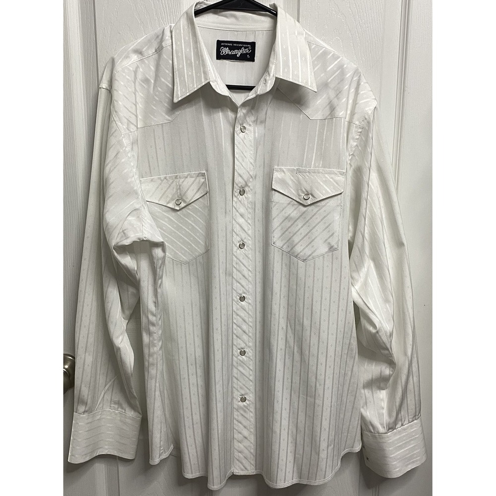 Wrangler Vintage Men Pearl Snap Western Dress Shirt White Striped Pockets L